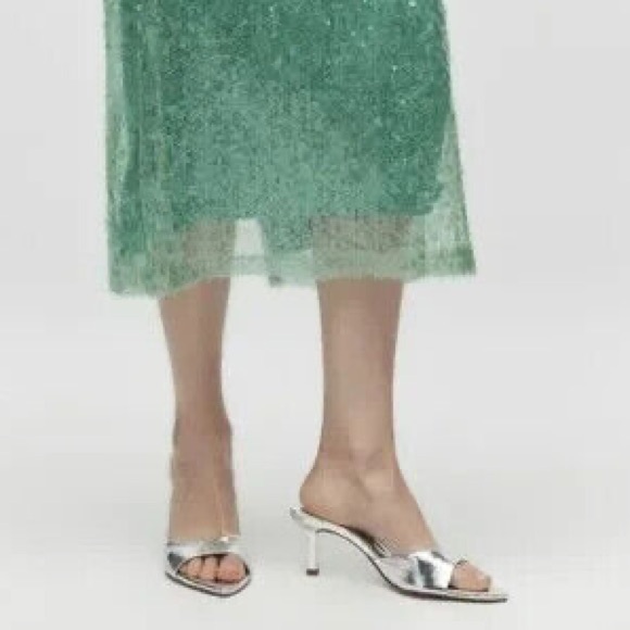 Zara heeled metallic leather slides Silver NWT - Picture 2 of 7